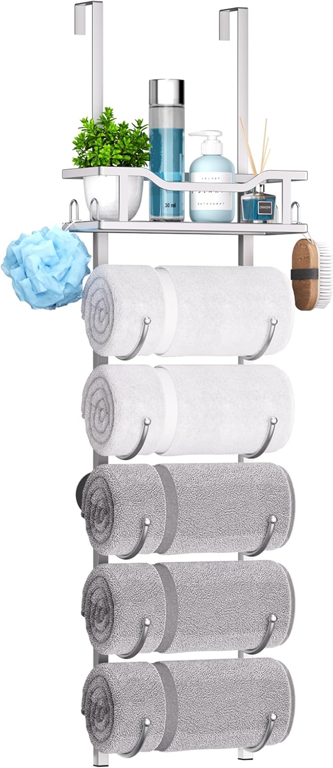 SWTYMIKI Over The Door Towel Rack - 6 Tier Towel Racks for Bathroom Wall Mounted, Towel Holder with Shelf, Hanging Rolled Towel Storage Organizer for Small Bathroom, Camper, RV, Sliver