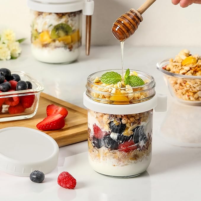 6 Pack Overnight Oats Containers with Lids and Spoons, 16 oz Glass Mason Overnight Oats Jars, Large Capacity Airtight Jars for Milk, Cereal, Fruit(White)