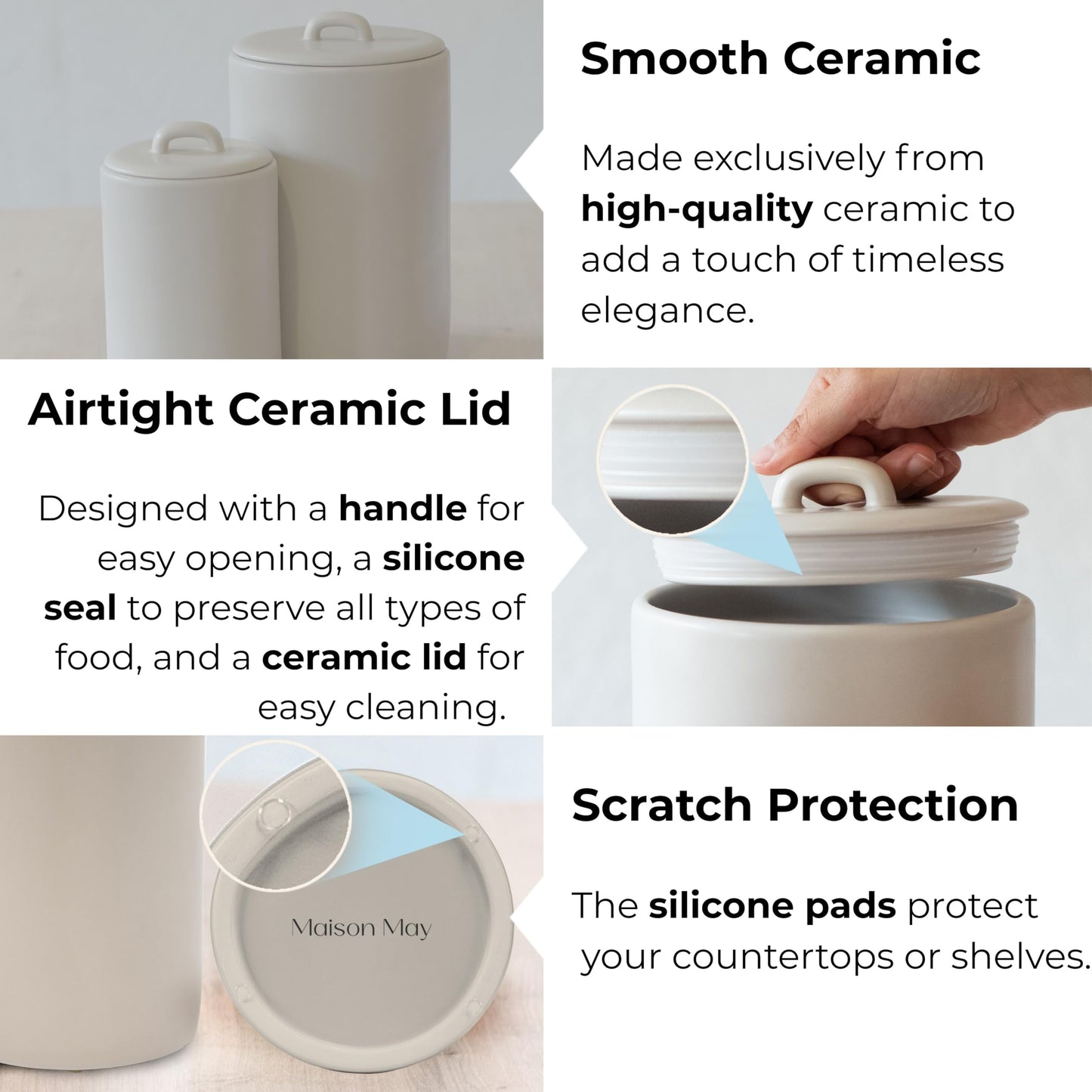Maison May, Ceramic Food Storage Jars 108Oz, Snack Containers, Airtight Lid, Kitchen Countertop Canisters for Grounds Coffee, Pods, Tea, Flour, Sugar, Rice, Pantry Organization, Containers set