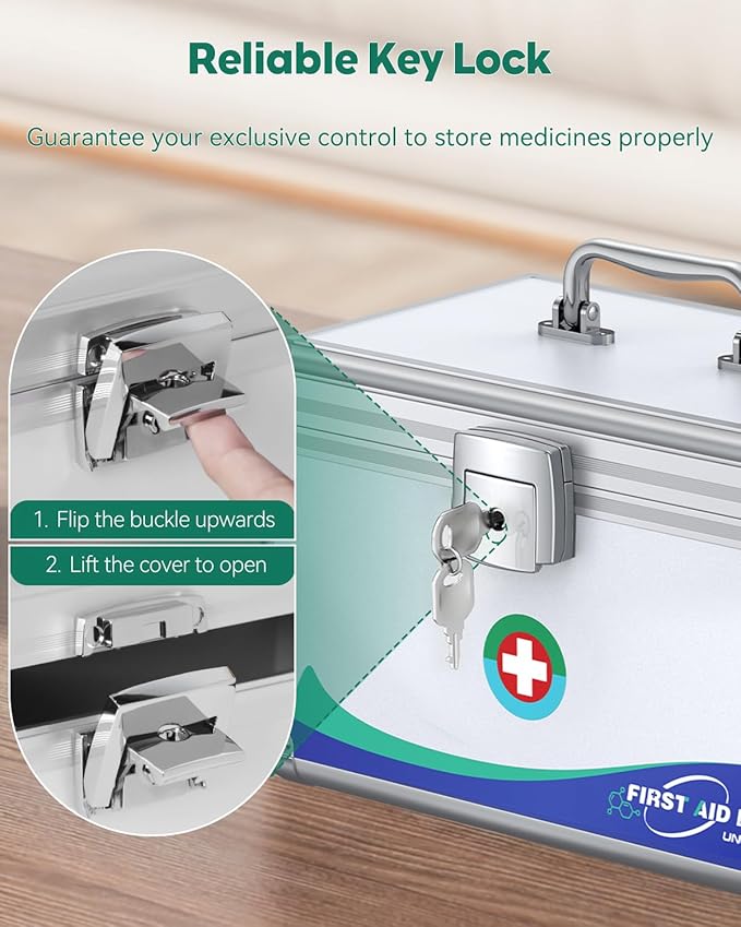 Uniclife Medicine Lock Box First Aid Box with Key Lock, Handle & Shoulder Strap Portable Medication Lockable Kit Metal Lockable Medicine Storage Security Lock Boxs for Medications, 12" x 7" x 7.5"