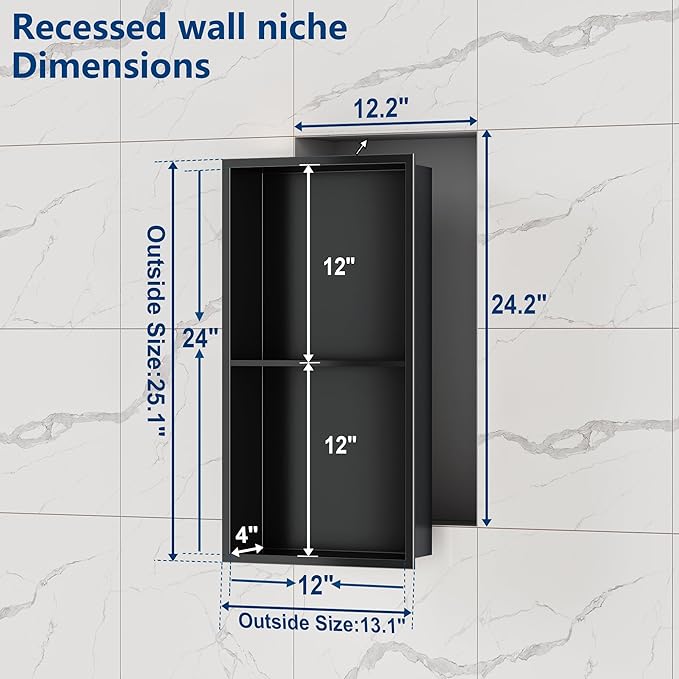 Neodrain No Tile Shower Niche Insert Tile Ready, Black Recessed Wall Niche for Shower Organizer(Inner Size 12"x24") - Stainless Steel Built-in Bathroom Shelf, No Tile Needed, Matte Black