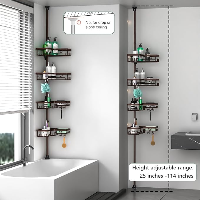 Corner Shower Caddy Tension Pole - Adjustable 4-Tier Shower Shelf Stainless Steel Corner Tension Rod Bathroom Organizer Shampoo Holder with Soap Holders & Hooks for Bath, Tub, Floor Space Saving