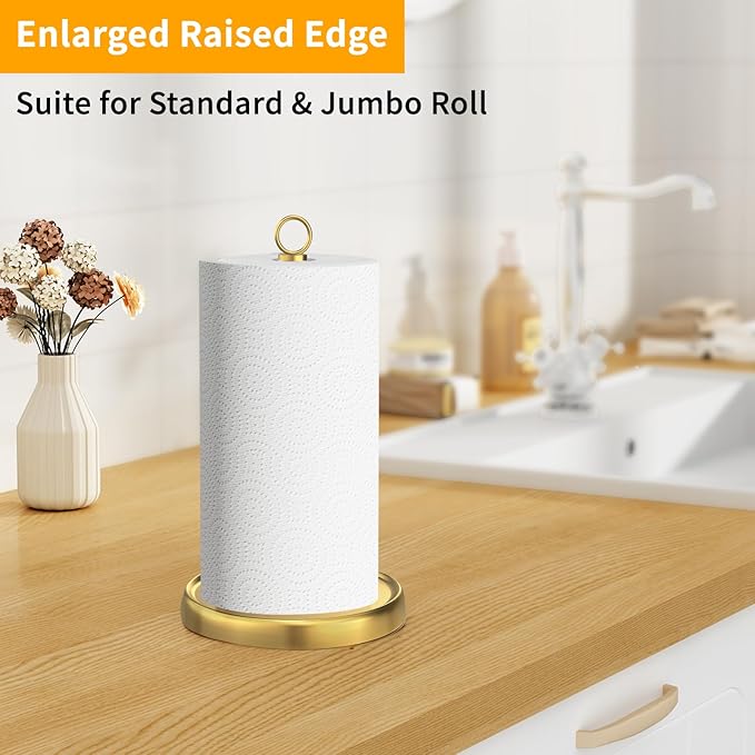 Gold Paper Towel Holder Countertop, Gold Kitchen Accessories Decor, Stainless Steel, Weighted Base, Paper Towel Stand for Bathroom Farmhouse Essentials
