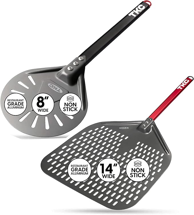 TKC 12", 8" Perforated Pizza Peels - Professional Aluminum Pizza Turning peel - Long Handle Metal Pizza Spatula for Indoor and Outdoor - Lightweight Non-Stick Pizza Turner - Pizza Oven Accessories
