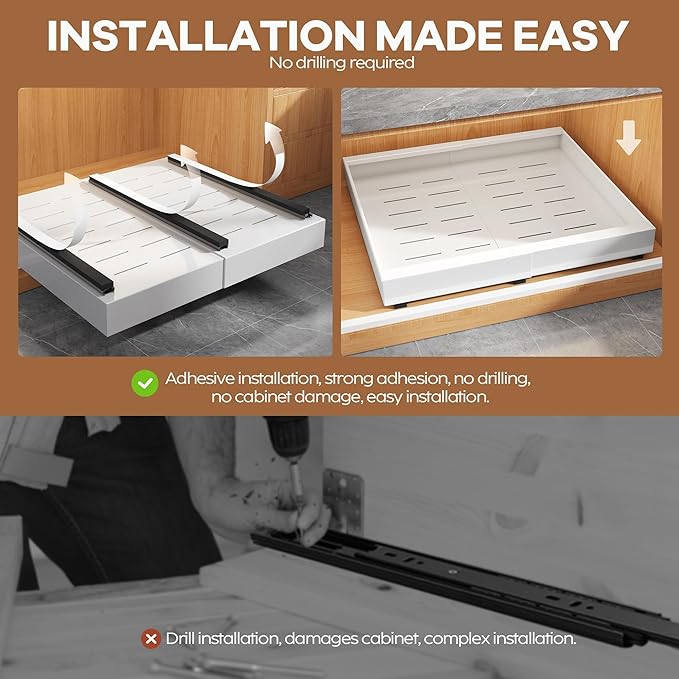 4 Pack Expandable Width (15.15"-26.3") Pull Out Cabinet Organizer 21" Deep with Raising Pad for Framed Cabinets, Upgrade 3 Slide Rails Slide Out Drawers, Roll Out Shelves Adhesive, White