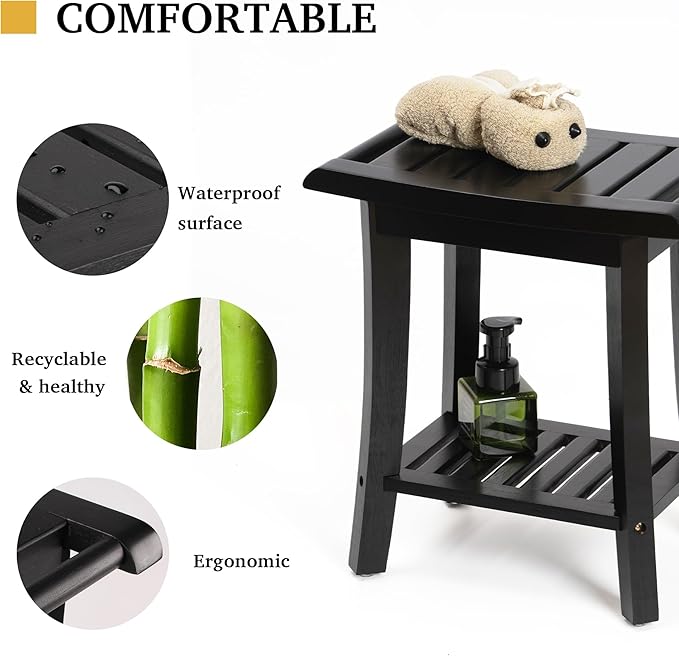 Bamboo Shower Bench Inside Shower Stool with Storage Shelf, Spa Bath Chair for Bathroom, Seat or Organizer for Living Room, Bedroom and Garden - Great for All Ages Unisex Elderly (Small, Black)