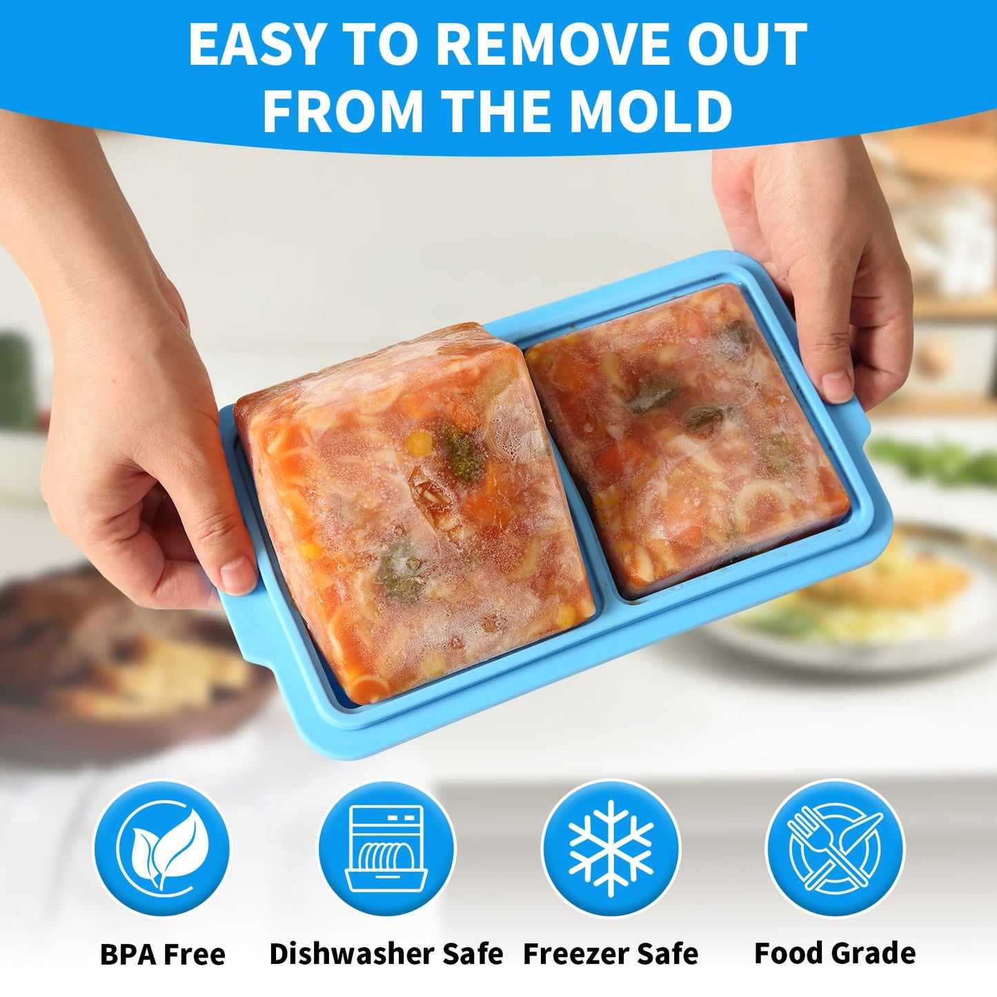 EuChoiz 2 Pack Silicone Freezer Tray Cubes 2 Cup with Date Mark Lids for Freezing Food Leftovers Sauces Portion and Lasagna Broth, Soup Freezer Molds for Meal Prepping Thick Enough