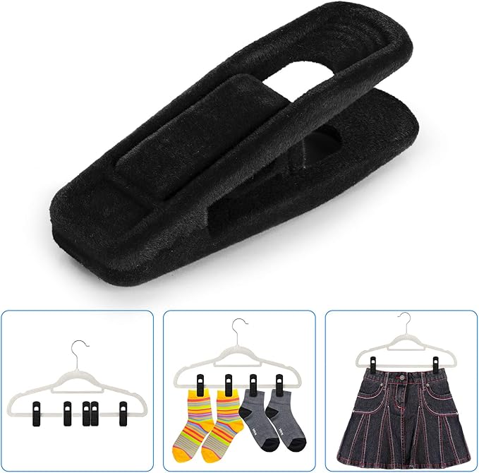 Tinfol 50pc Velvet Hanger Clips, Black Strong Finger Flocked Clips, Large Opening Clip Clothes Pin, Pants Hangers Clip for Thin Clothes Hangers