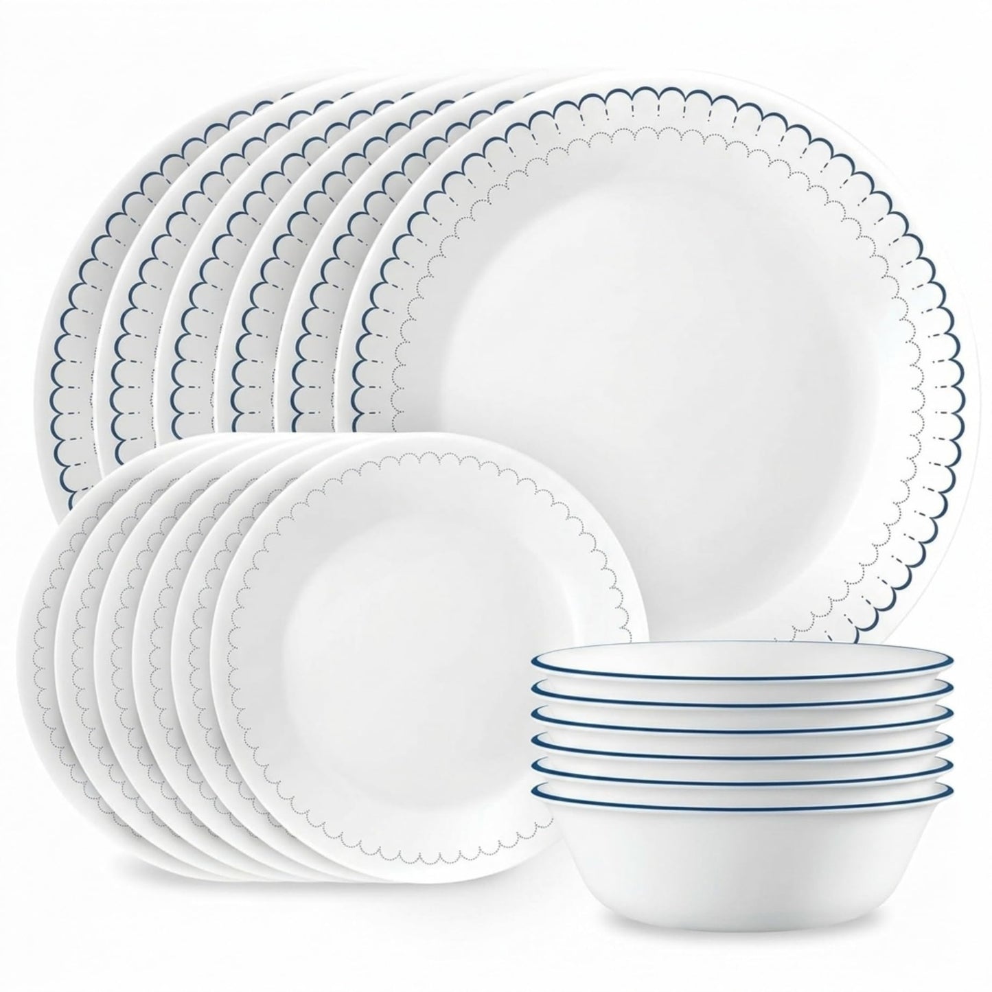 Corelle Everyday 18-PC Dinnerware Set Service for 6, Durable and Eco-Friendly, Higher Rim Glass Plate & Bowl Set, Microwave and Dishwasher Safe, Sadie