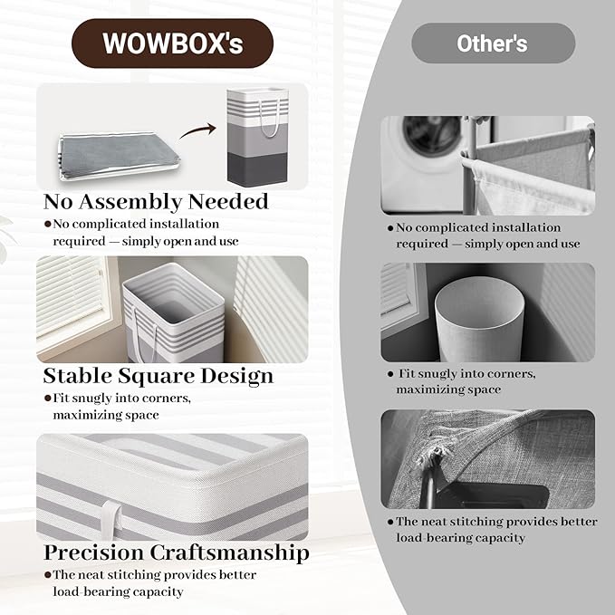 WOWBOX 2 Pack Laundry Hampers Baskets, Freestanding Dirty Clothes Hampers with Reinforced Handles & Cross Stitch & Waterproof Coating, for Laundry Bedroom Bathroom, 2 x 88L