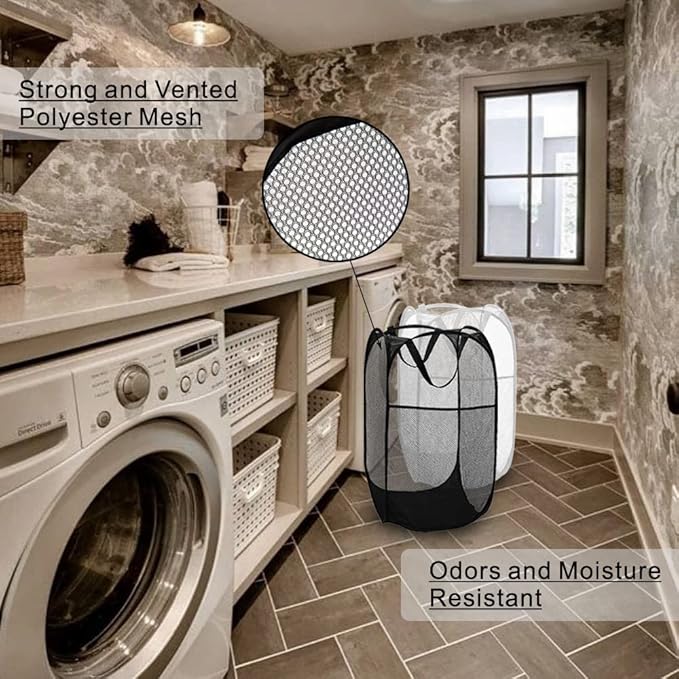 BATTOO Deluxe Strong Mesh Pop up Laundry Hamper Basket with Side Pocket for Laundry Room, Bathroom, Kids Room, College Dorm or Travel Black+White