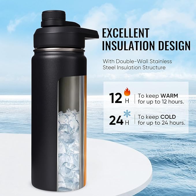 18 oz Insulated Water Bottle with Handle, 304 Stainless Steel Water Bottles with Wide Mouth, Double Wall Vacuum Sports Water Bottle, BPA Free, Keep Cold and Hot, Black