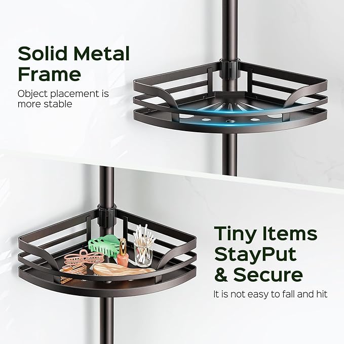 HAMITOR Shower Caddy Tension Pole: Rustproof Bathroom Corner Shelf for Renters, 47-121 inches Adjustable Organizer with Soap Holder-Large Capacity Rack for Shampoo Storage Home Accessory- Bronze