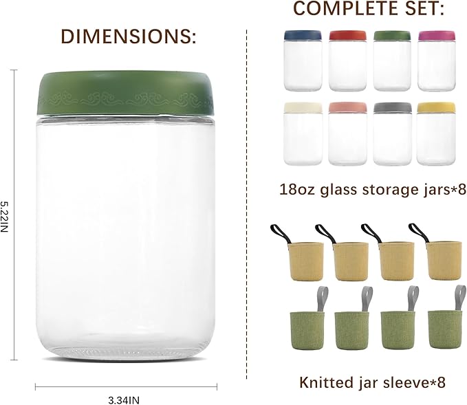 18 OZ 8 Pack Overnight Oats Jars with Airtight Lids and Jar Sleeve, Glass Containers for Meal Prep, Leak-Proof Food Storage Jars for Yogurt, Pudding & Healthy Breakfast (18oz-8 Pack)
