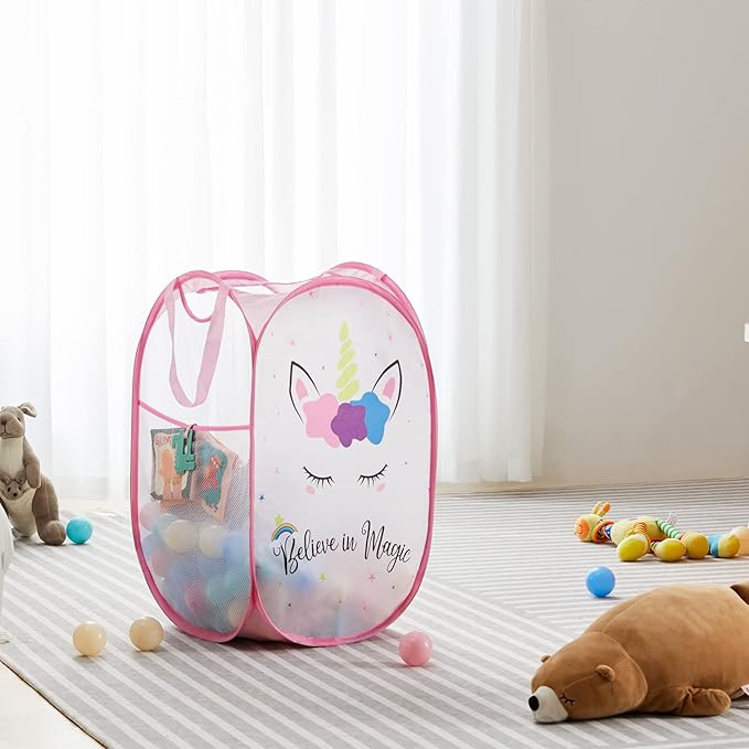 TECHMILLY Collapsible Mesh Pop Up Laundry Hamper with Sturdy Handles and Side Pocket - Portable Foldable Clothes Baskets for Dorm, Bathroom & Travel Storage (Unicorn)