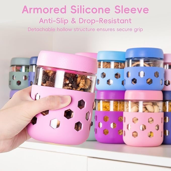Gemice 8-Pack Overnight Oats Containers with Lids and Colorful Sleeves, 16 oz & 10 oz Airtight Glass Chia Pudding Mason Jars, Dishwasher Safe, Wide Mouth Meal Prep Jar for Yogurt Oatmeal