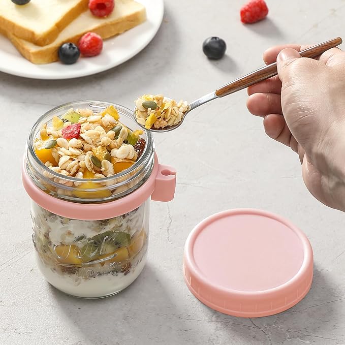 LANDNEOO 4 Pack Overnight Oats Containers with Lids and Spoons, 16 oz Glass Mason Jars with Airtight Lids, Overnight Oats Jars for Milk, Cereal, Fruit-Pink