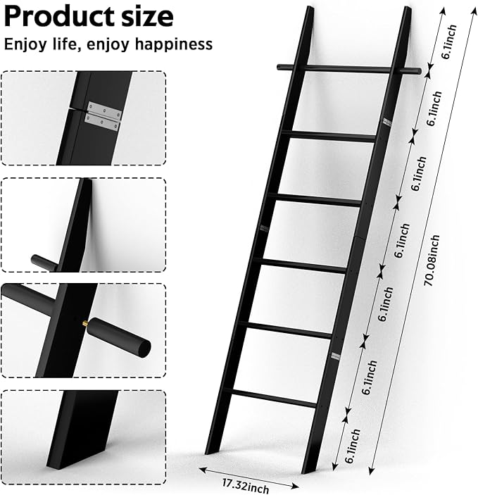 Farmhouse 6 Ft Wooden Blanket Ladder with Removable Hooks, 6-Tier Rustic Blanket Rack Decorative Stand, Leaning Towel Quilt Display Holder Storage for Bathroom Living Room Decor Black