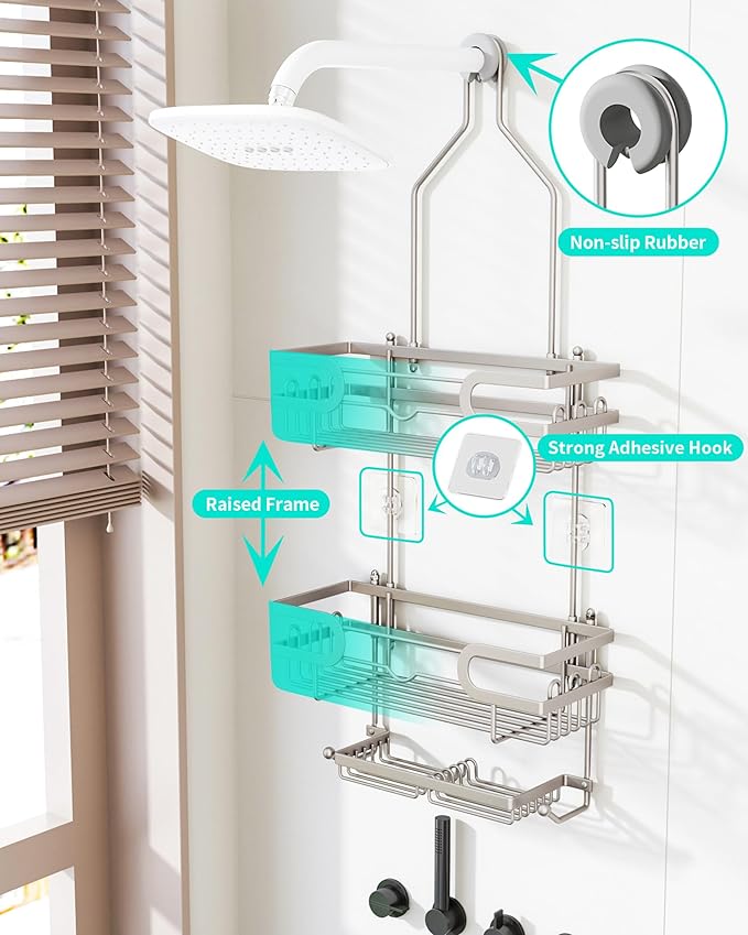 HapiRm Bathroom Hanging Shower Caddy - Rustproof Shower Shelf with 12 Hooks and 2 Soap Holders, No Drilling Bathroom Organizers and Storage - Brushed Nickel