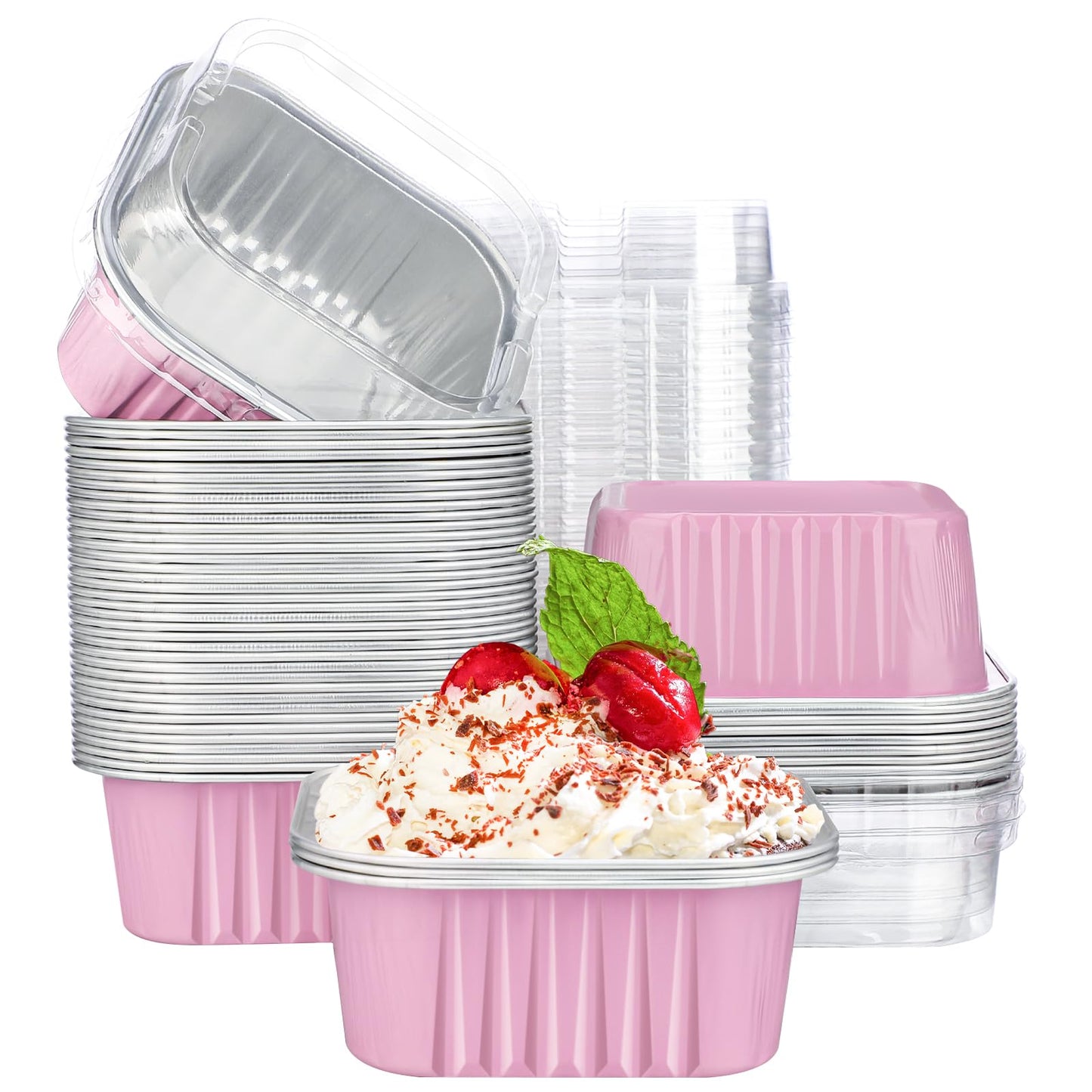 EUSOAR Creme Brulee Ramekins Disposable, 50pcs 10oz Cupcake Liners Foil Baking Cups with Lids, Aluminum Muffin Cups Square Dessert Wrappers Mini Cake Loaf Bread Pans for Wedding Birthday Party