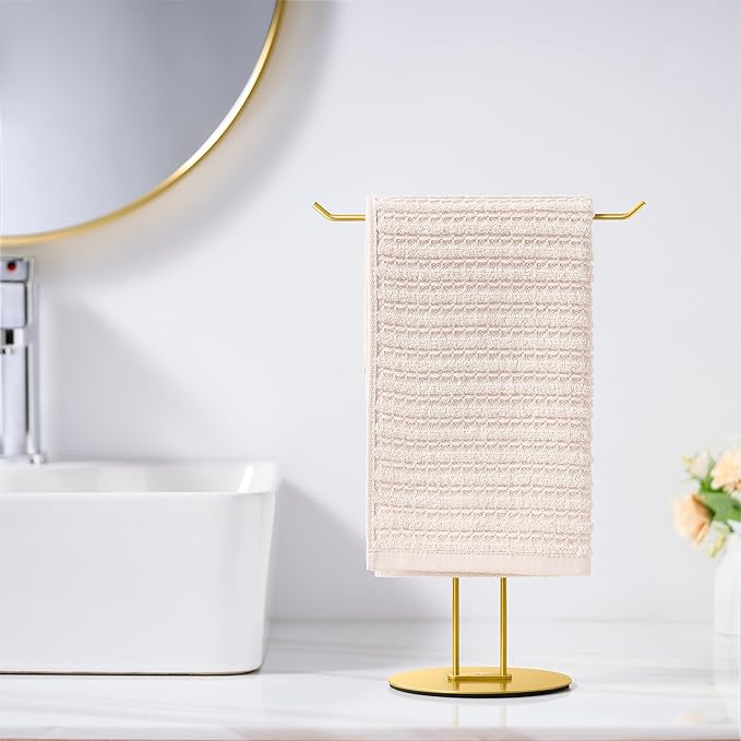 T-Shaped Hand Towel Holder Stand – Countertop Stainless Steel Towel Rack with Non-Slip Base for Bathroom, Kitchen, Vanity, Shiny Gold