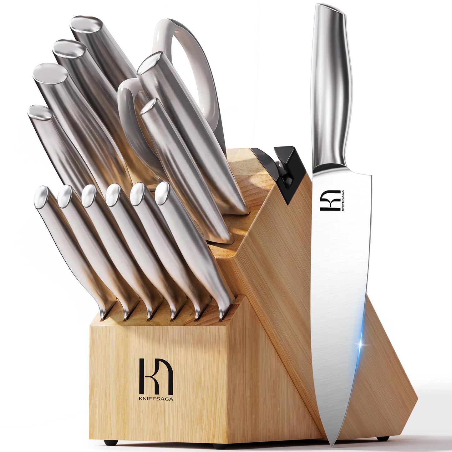 KnifeSaga 14 Pcs Knife Block Set, Premium, Razor Sharp, Japanese Steel