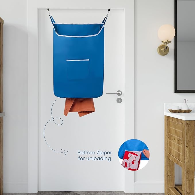 The Fine Living Co. X-Large Hanging Laundry Hamper with Over Door Hooks & Adhesive, Durable Space Saving Laundry Bag with Zipper and Wide Open Top, Hanging Dorm Laundry Hamper 20"x3.75"x31" (Blue-XL)