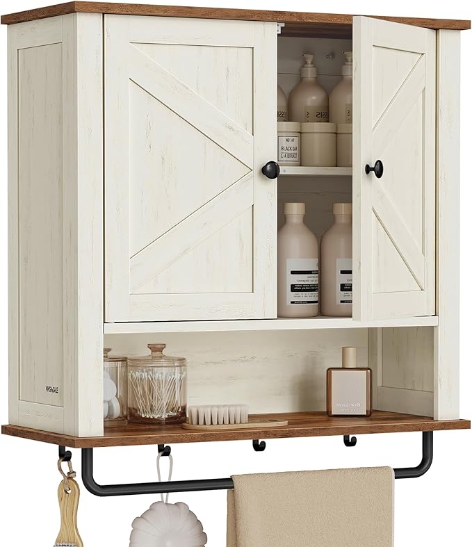 VASAGLE LIRY Collection - Bathroom Wall Cabinet, Farmhouse Wall-Mounted Medicine Storage Cabinet with 2 Barn Doors, Adjustable Shelf, Towel Bar, 7.9 x 23.6 x 28.7 Inches, Rustic White UBBK131W01S