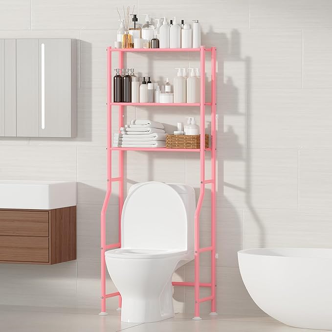 3-Tier Over The Toilet Storage, Freestanding Metal Bathroom Shelves, Space Saver Above The Over Toilet Storage Shelf for Bathroom (Pink)