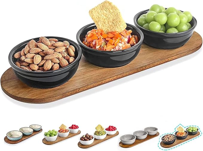 Artena 6oz Turquoise Solid Ceramic Chips and Dip Serving Platter with Acacia Wooden Tray, 4.5inch Glazing Small Serving Bowls/Dipping Dishes for Condiments,Side Dishes, Dipping, Pre, Dessert, Salsa