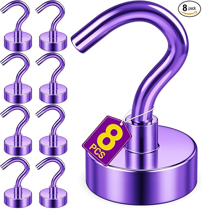 Magnetic Hooks, 25lbs Magnets with Hook, 8 Pack Magnet Hooks for Hanging, Heavy Duty Magnetic Hook for Cruise, Grill, Home, Refrigerator, Lock Accessories, Purple