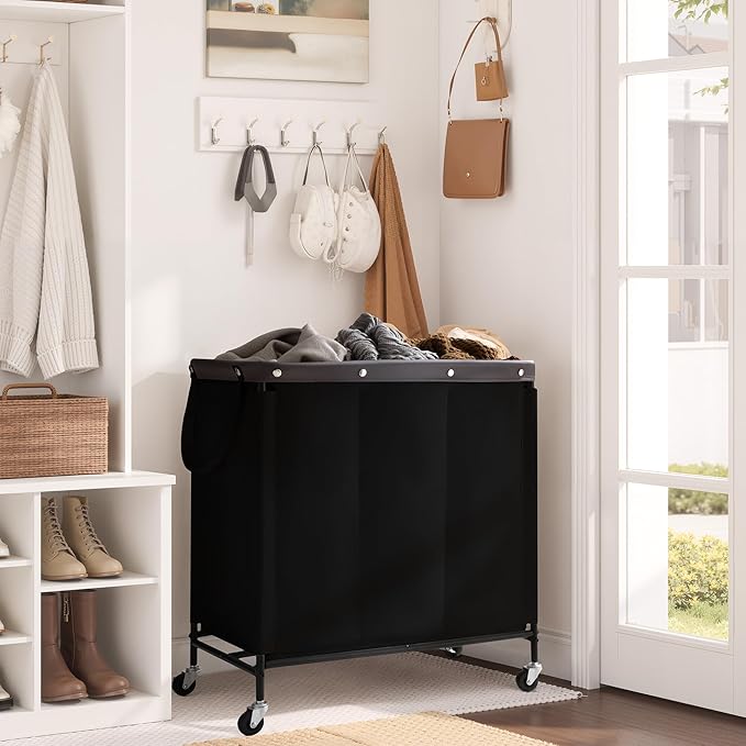 StorageWorks 3 Section Laundry Hamper, Rolling Laundry Cart with Wheels and Handles, Laundry Room Double Sorter for Organizer and Storage, 31.7 Gal(120L), Black