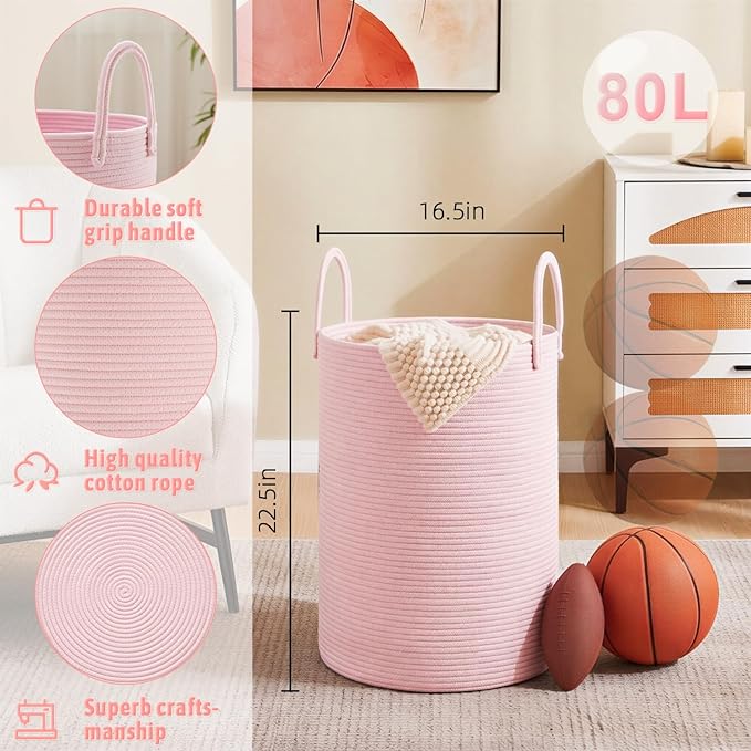 Laundry Basket,Woven Cotton Rope Laundry Hamper,80L for Decorative Storage of Dirty Clothes,Toys and Blankets in Bathroom,Baby Room and Living Room