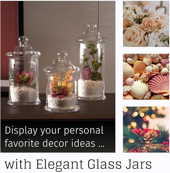 Glass Apothecary Jars with Lids, Set of 3 - Bathroom Storage Organizer for Qtips, Cotton Balls, Bath Salts, Candy, Kitchen & Home Decor (11", 8.5", 7.5" Heights)