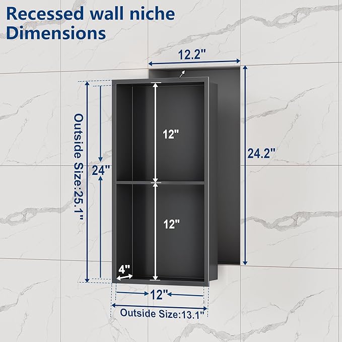 Neodrain 12X24 Inch Shower Niche, Gun Metal 2-Tier Stainless Wall Niche NO Tile Needed Recessed Cabinet for Bathroom Storage