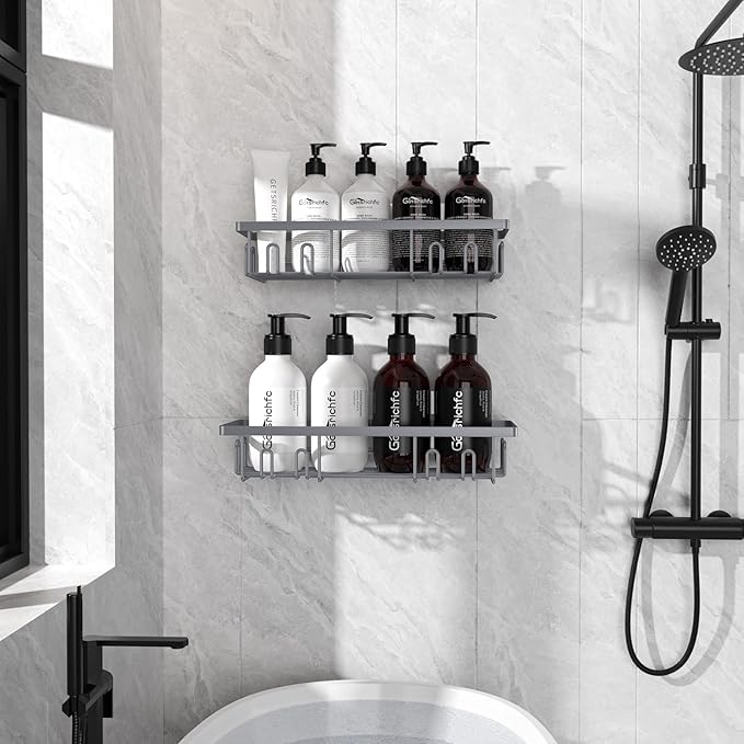 2025 New Adhesive Shower Caddy, Shower Shelves with 16 Hooks, Grey 2 Pack