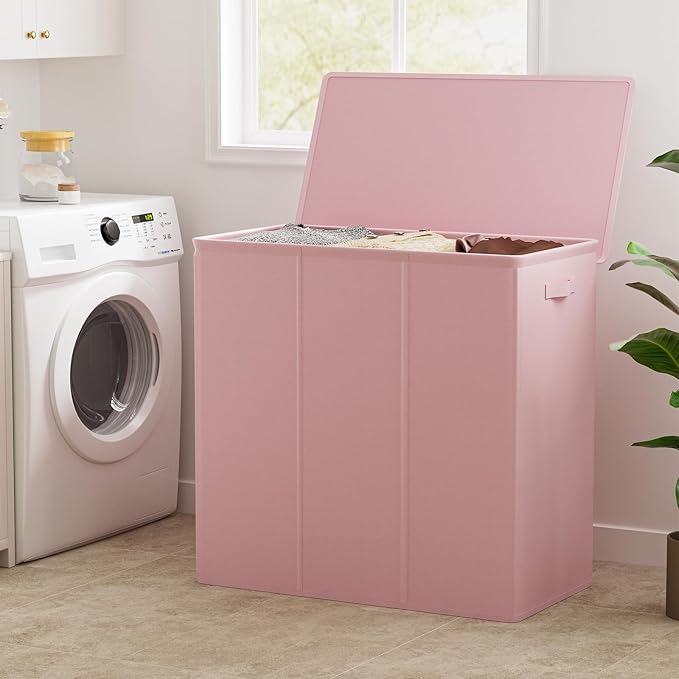 WOWLIVE 180L Laundry Hamper with Lid 3 Section,Large Laundry Basket with Removable Bags and Handles,Collapsible Dirty Clothes Hampers for Laundry,Laundry Basket Organizer for Laundry Room,Dorm,Pink
