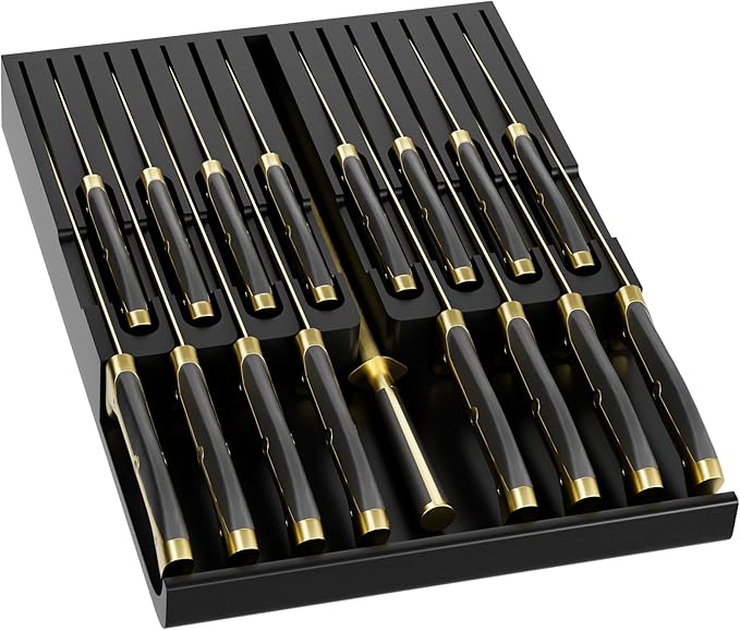 Domax Knife Drawer Organizer Insert Bamboo for 12 Knives, Gray