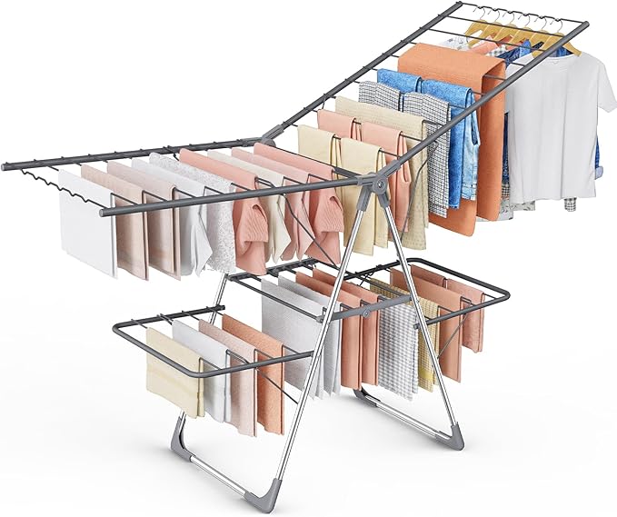 Clothes Drying Rack, Foldable 2-Level Laundry Drying Rack with Height-Adjustable Wings, for Clothing & Bedding, Free-Standing Space-Saving Rack, Indoor & Outdoor, 70" L × 22.8" W, Gray