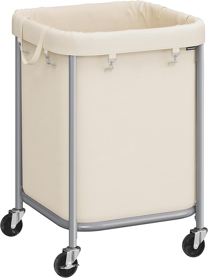 SONGMICS 45-Gallon (170 L) Laundry Basket with Wheels, Rolling Square Heavy-Duty Laundry Hamper Cart with Steel Frame and Removable Bag, 2 Locking Wheels, Cream White and Metallic Silver URLS015WD01