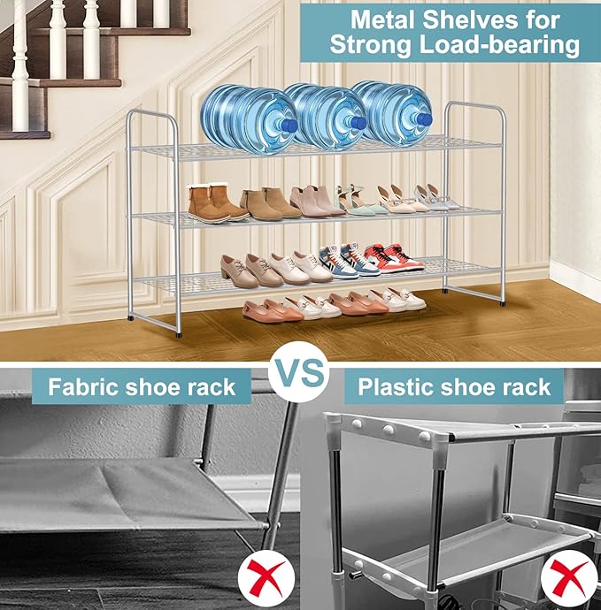 AOODA 3-Tier Long Shoe Rack for Closet Metal Wide Shoe Storage Organizer for Entryway, Bedroom, Floor, Holds 24 Pairs Men Sneakers Stackable Boot Shelf with Wire Grid, Grey