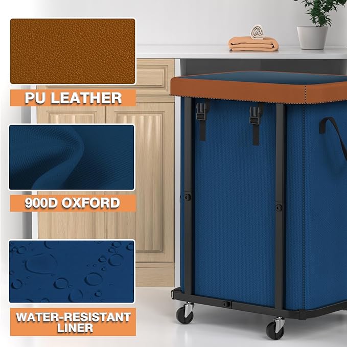 150L (40 Gal) Large Fashion Laundry Basket with Wheels, Leather Patchwork Rolling Hamper Carts, Sturdy Metal Frame, Removable Washable Bag, Tall Clothes Sorter for Bedroom, Laundry Room - Navy Blue