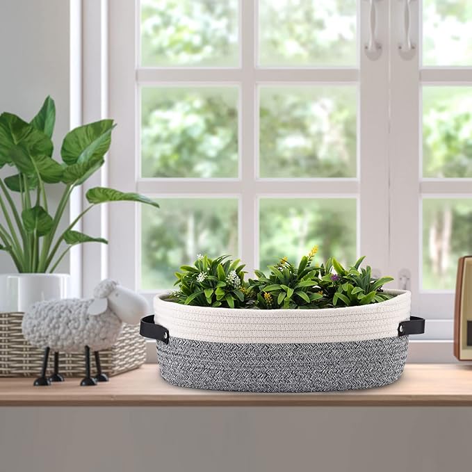 2 Pack Small Cotton Rope Woven Basket Toilet Paper Baskets for Organizing Decorative Basket for Boho Decor Small Storage Basket 13"x5.9"x4" Variegated Gray&White