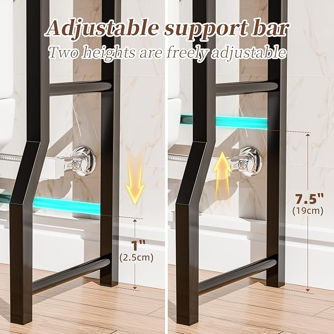 Simple Trending 4 Tier Over The Toilet Storage with Drawers, Heavy Duty Bathroom Stand Organizer Metal Shelves for Laundry, Black