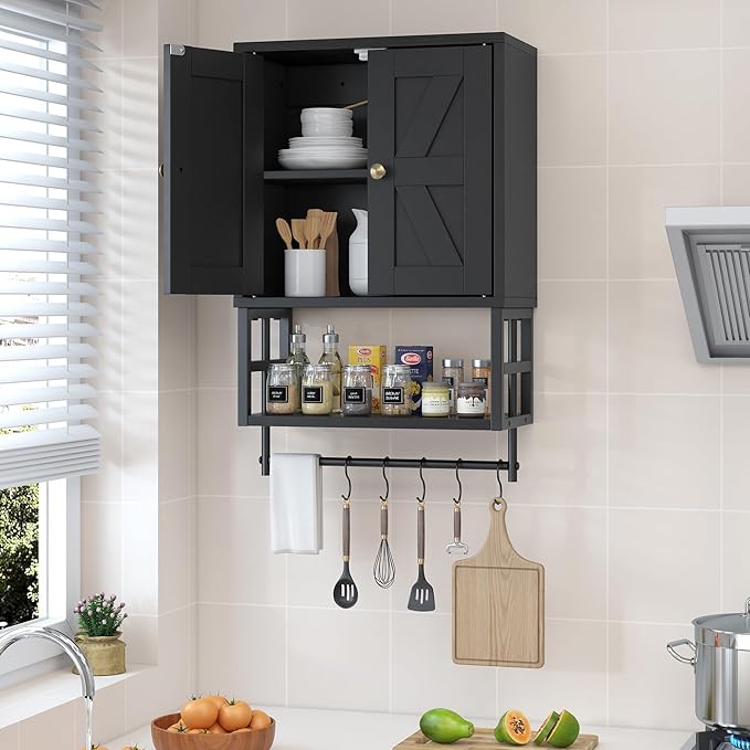 Farmhouse Medicine Cabinet - 3-Tier Wall Mounted Storage Organizer with Adjustable Shelves, Towel Bar, 5 Hooksfor Small Bathroom, Laundry Room, Over Toilet, Living Room, Bedroom (Black)