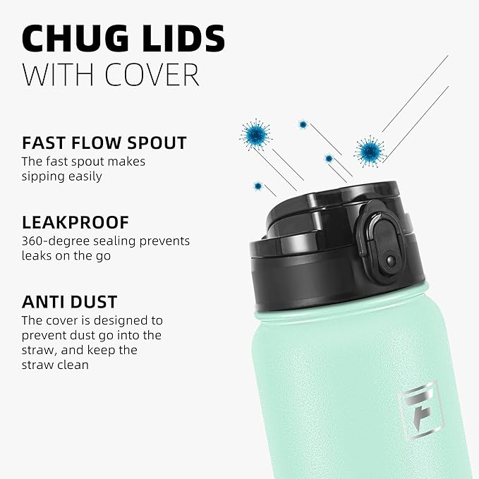 Fanhaw 32 oz Insulated Stainless Steel Water Bottle with Anti-Dust Chug Lid, Leakproof Vacuum Sports Bottle for Men & Women (Green Pink)