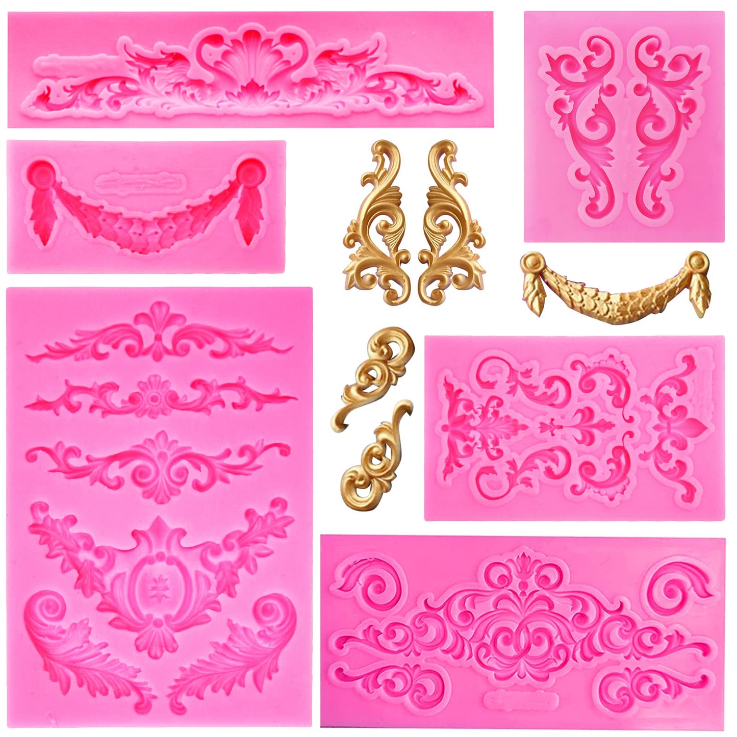 Rainmae 4 Pcs Baroque Fondant Silicone Molds, Relief Flower Lace Chocolate Mould, Scroll Lace Clay Mold, Filigree Mold 3D Sculpted Decoration, Cupcake Topper, Jewelry, Polymer Clay, Crafting Projects