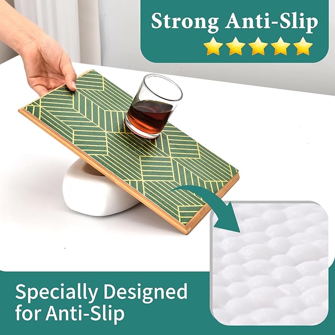 Shelf Liners for Kitchen Cabinets 17.5in x 20FT, Non Adhesive Cabinet Liner Strong Non-Slip Thickened Gold Green Geometric Drawer Liner, Easy to Clean for Shelf, Cabinet with Knife and Tape Measure