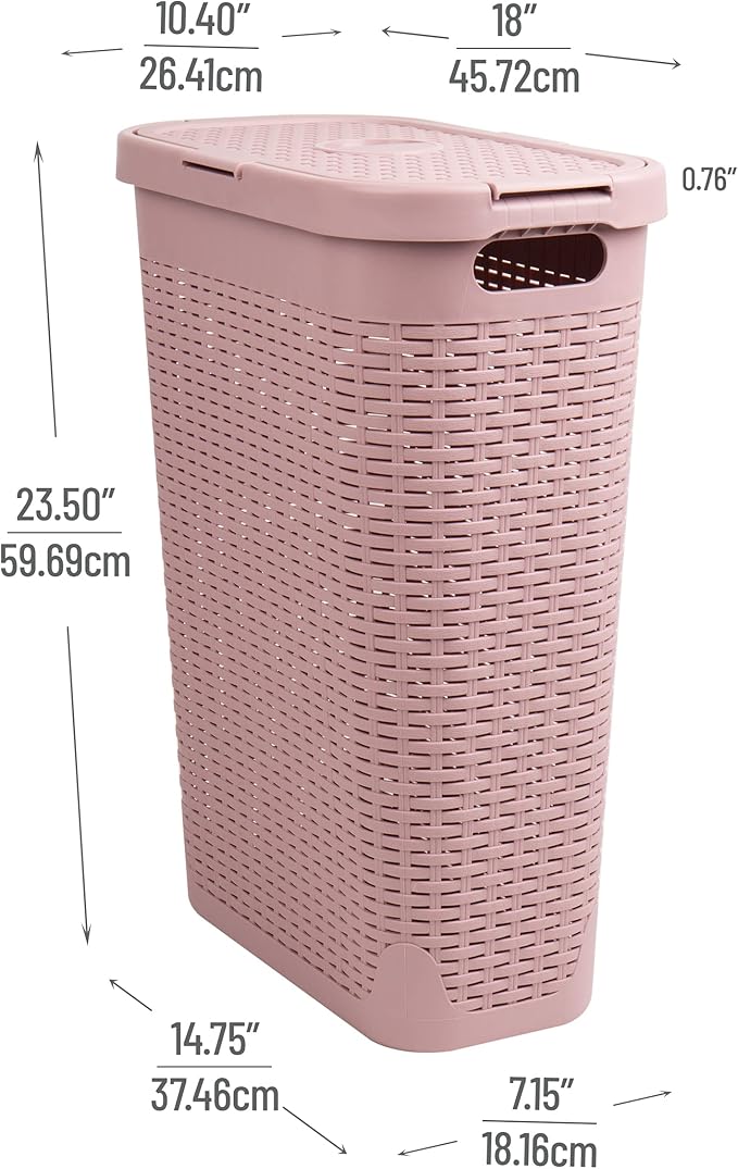 Mind Reader Slim Laundry Hamper with Lid, 40L Clothes Basket, Premium Wicker Design, Plastic, Pink