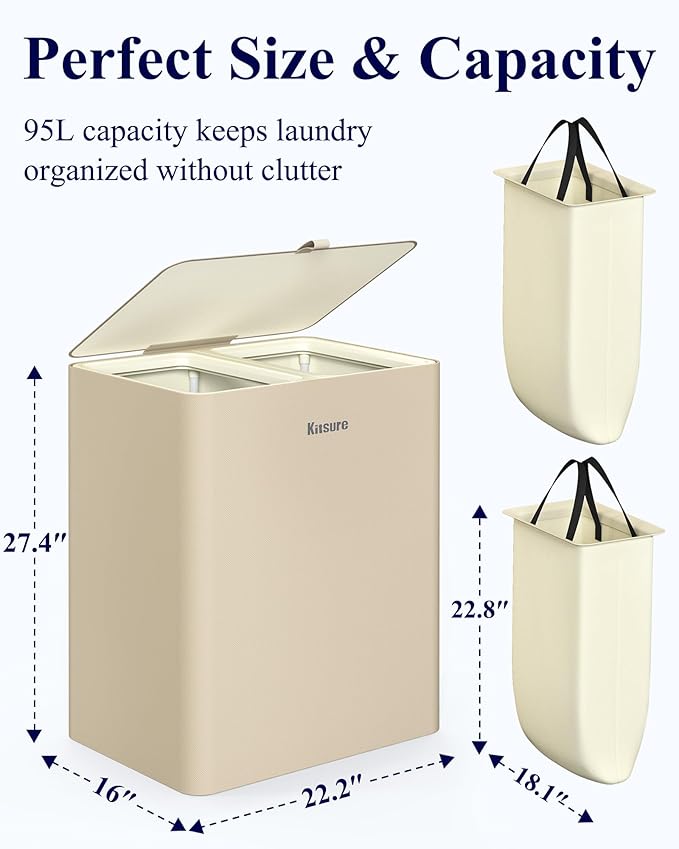 Kitsure Laundry Basket 95L – Large Laundry Hamper with Lid, 2-Compartment Divided Clothes Sorter with Removable Hamper Bags, Beige Organizer for Laundry Room, Bathroom & Bedroom, 22.2" x 16" x 27.4"